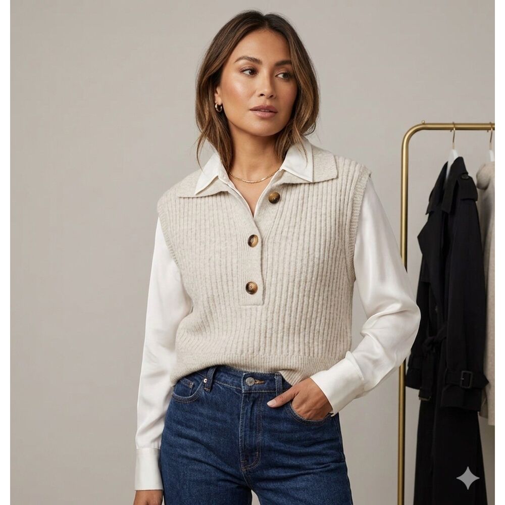 Ribbed Knit Collared Sweater Vest - Size M